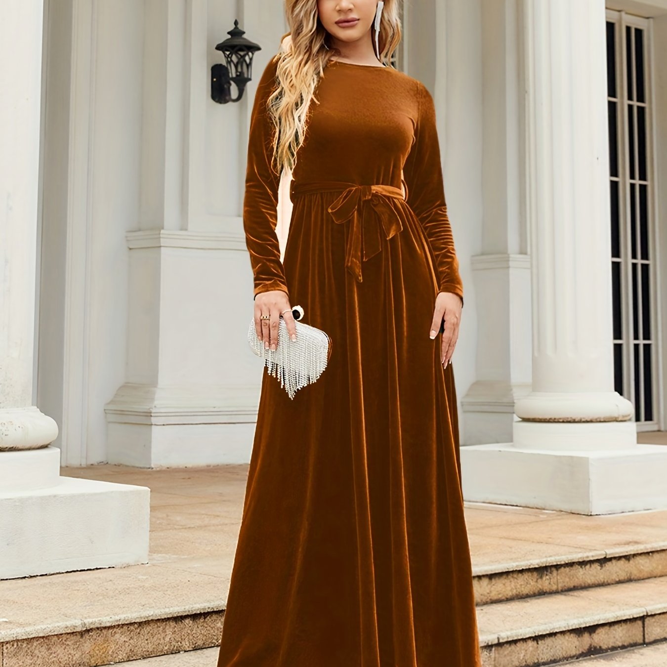 Fall Elegance: Women's Chic Belted Long Dress with Boat Neck and Long Sleeves, Machine Washable, Non-Sheer