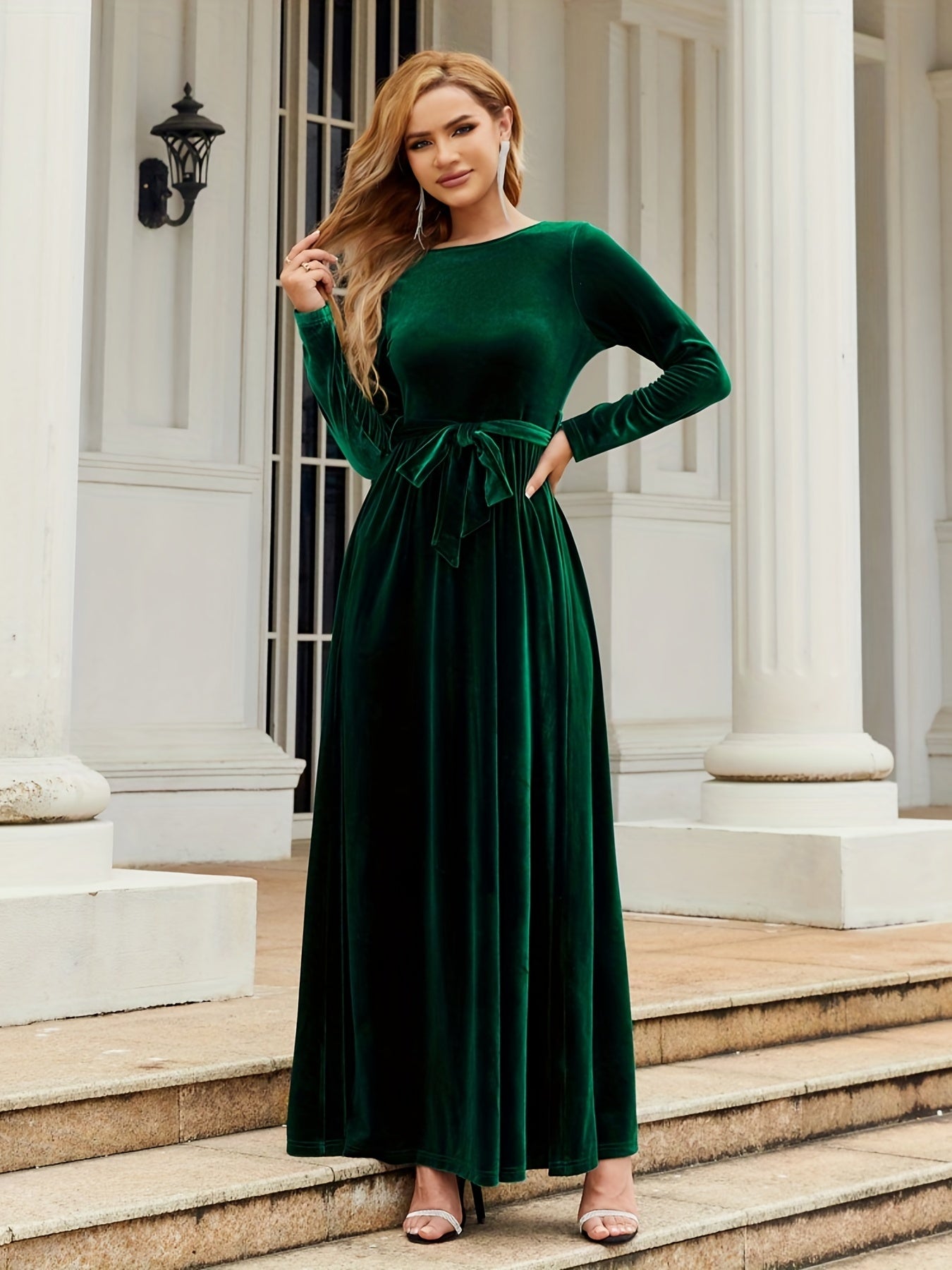 Fall Elegance: Women's Chic Belted Long Dress with Boat Neck and Long Sleeves, Machine Washable, Non-Sheer
