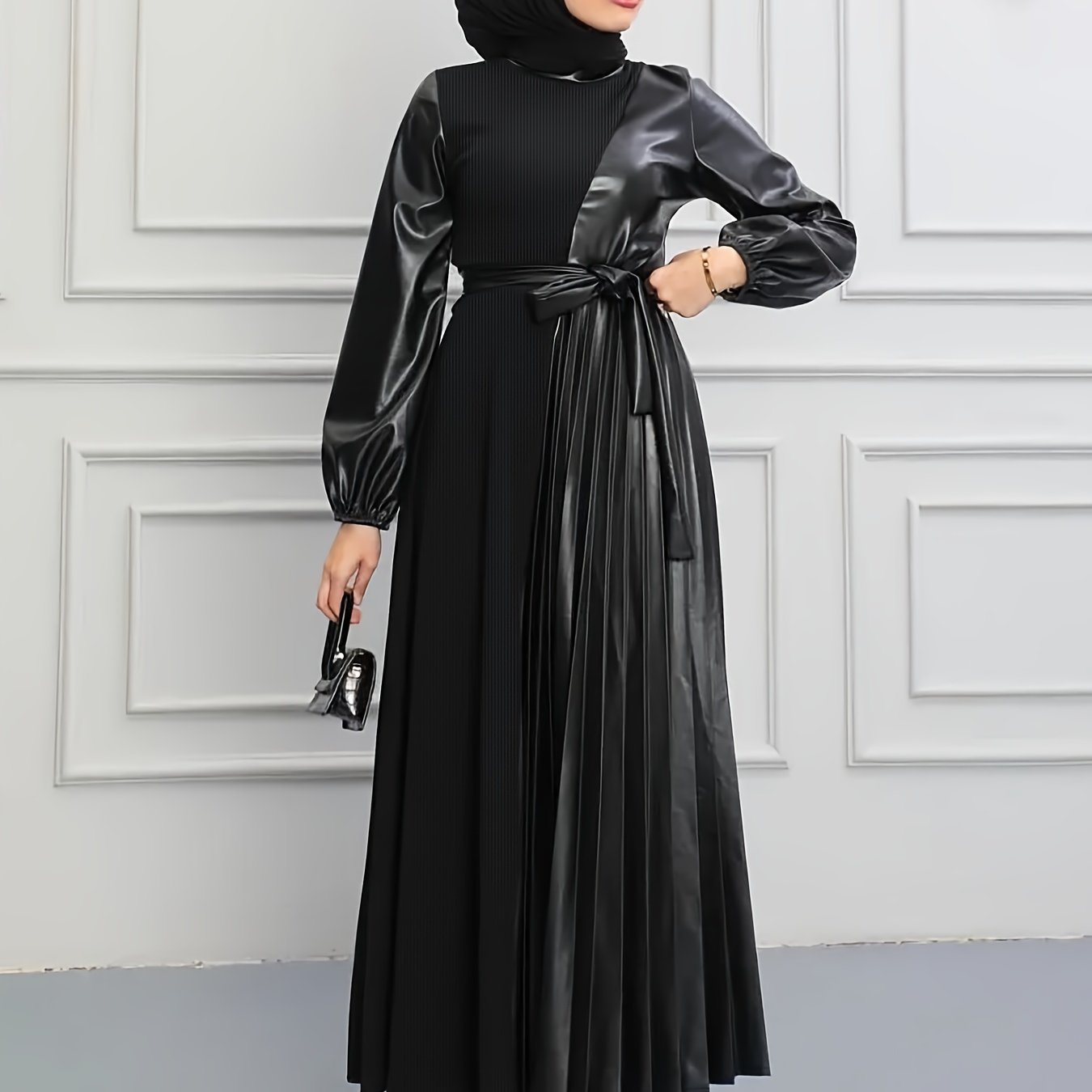 Elegant Pleated Long Dress for Women - Solid Color, Belted Waist, Casual Style, Machine Washable - Perfect for All Seasons, Middle Eastern, Muslim, Patchwork