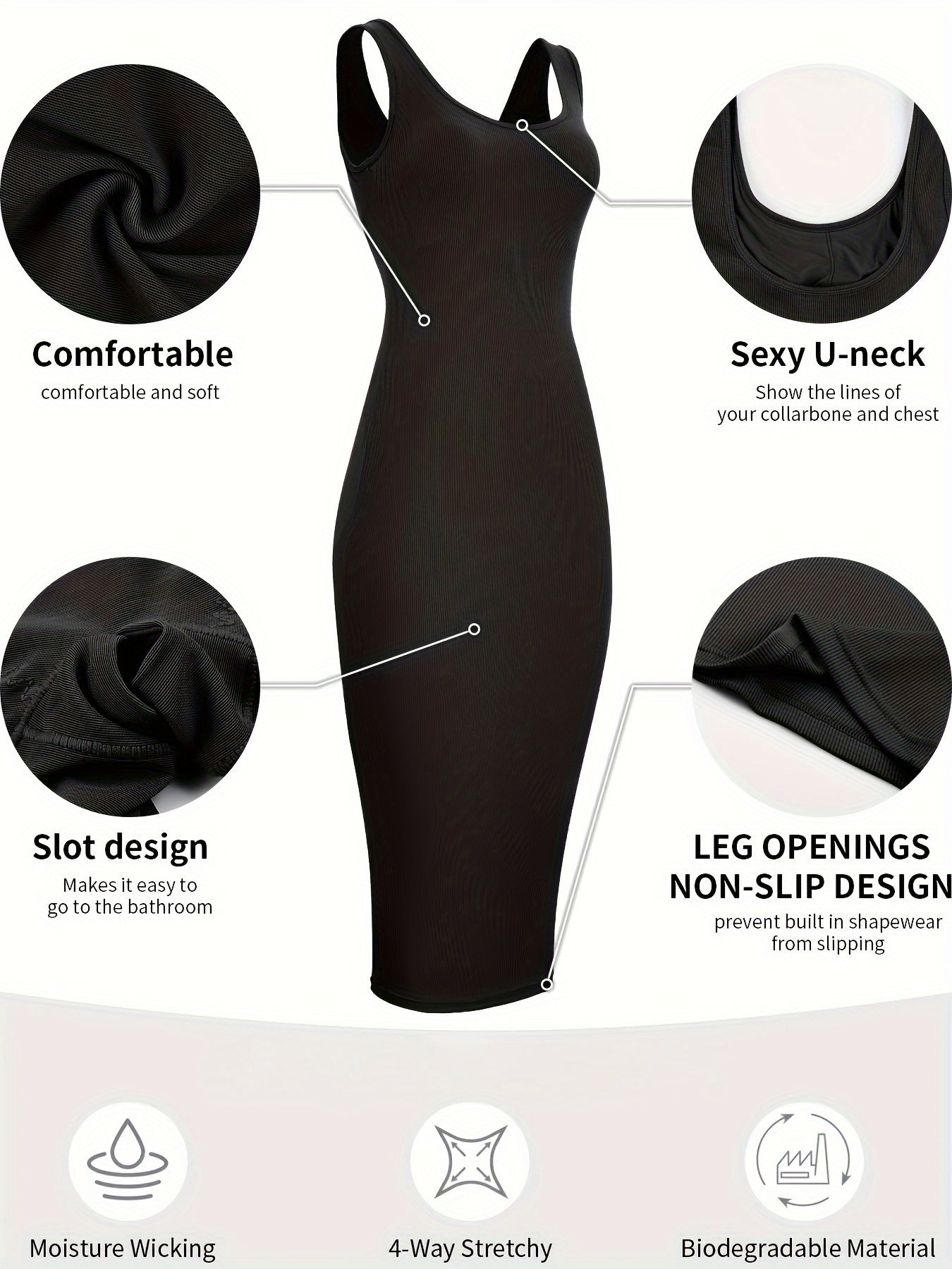 Womens 2-in-1 Shapewear Long Dress - Flattering Fishtail Skirt with Square Neck - Seamless Bodycon Slimming Dress with Discreet Mini Slit and Sculpting Technology