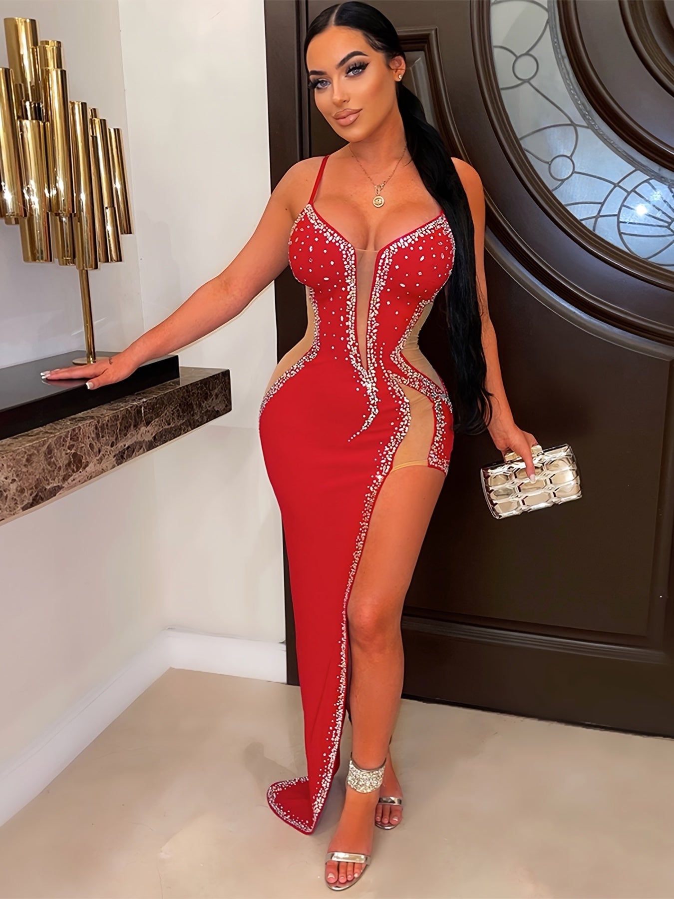 Women'S Sexy Rhinestone Long Dress, Asymmetrical Hem, Slingback, Sleeveless, Strapless Collar, Bodycon Knit Fabric, Polyester 95% Spandex 5% - All-Season Party Wear
