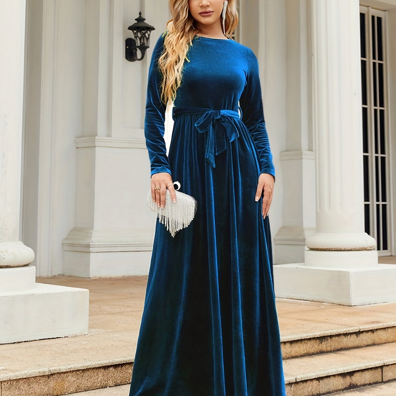 Fall Elegance: Women's Chic Belted Long Dress with Boat Neck and Long Sleeves, Machine Washable, Non-Sheer