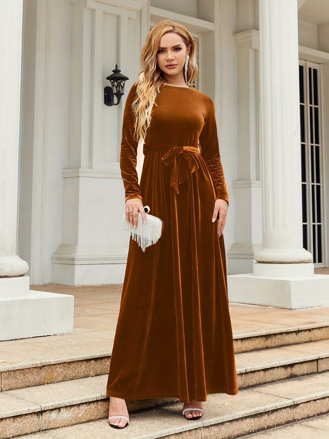 Fall Elegance: Women's Chic Belted Long Dress with Boat Neck and Long Sleeves, Machine Washable, Non-Sheer