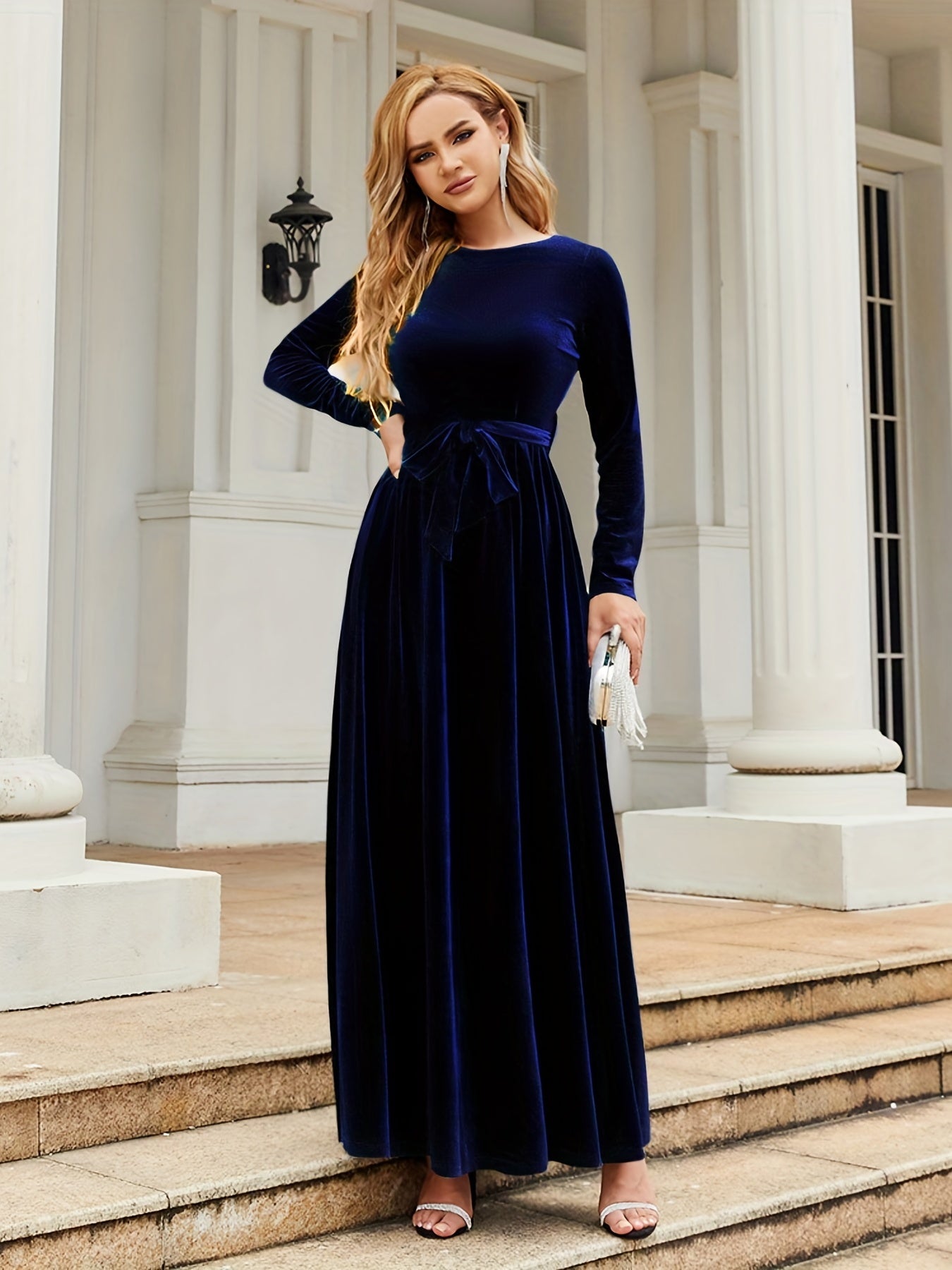 Fall Elegance: Women's Chic Belted Long Dress with Boat Neck and Long Sleeves, Machine Washable, Non-Sheer
