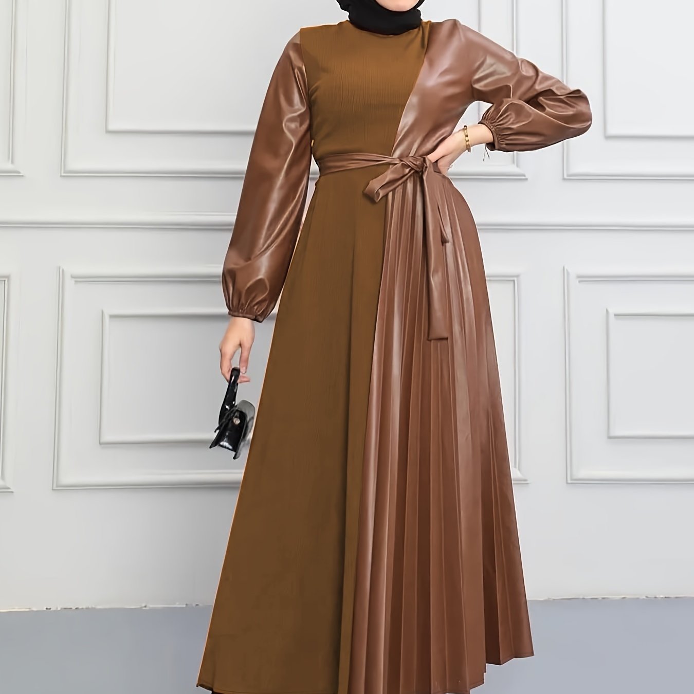 Elegant Pleated Long Dress for Women - Solid Color, Belted Waist, Casual Style, Machine Washable - Perfect for All Seasons, Middle Eastern, Muslim, Patchwork