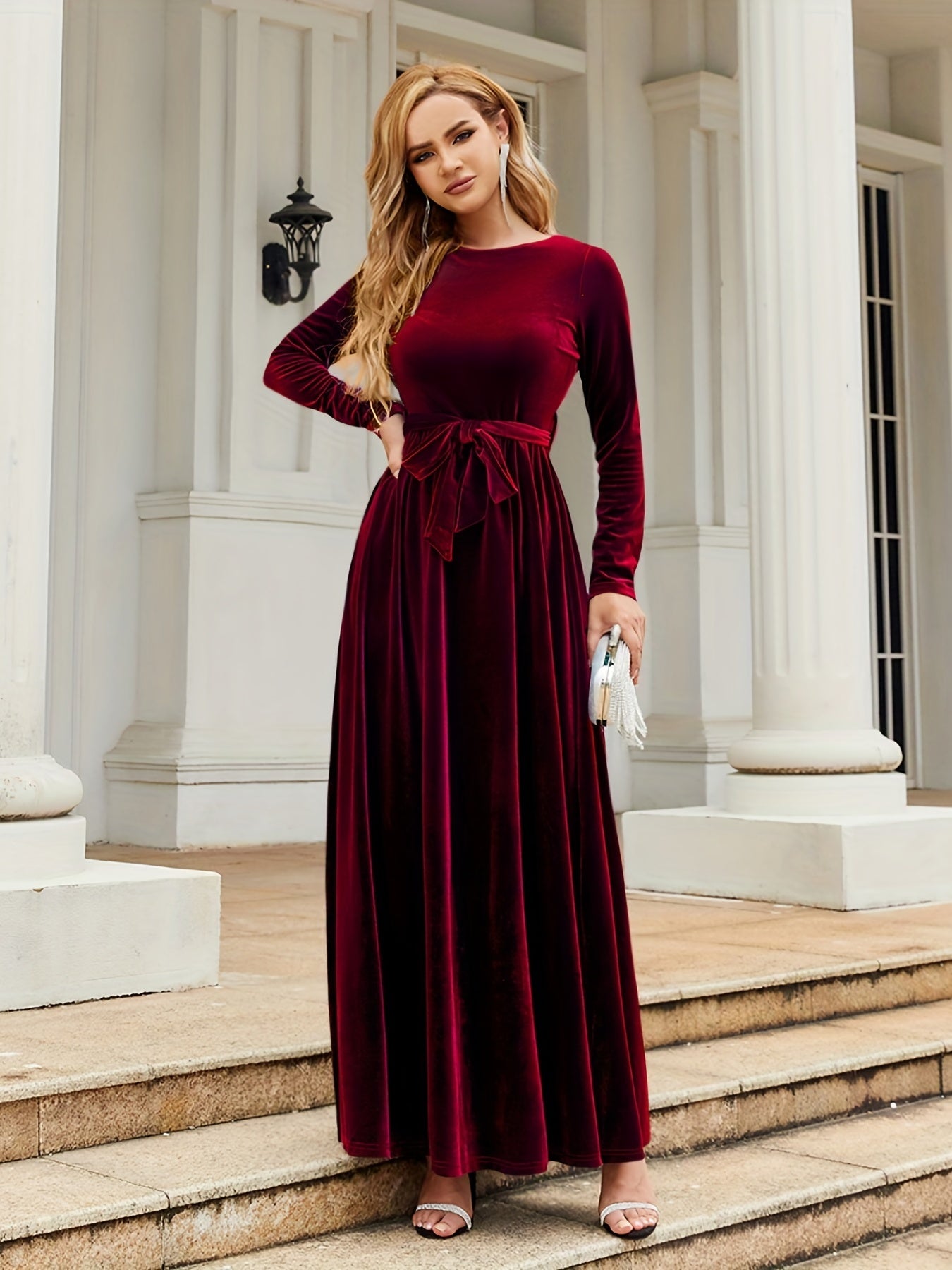Fall Elegance: Women's Chic Belted Long Dress with Boat Neck and Long Sleeves, Machine Washable, Non-Sheer