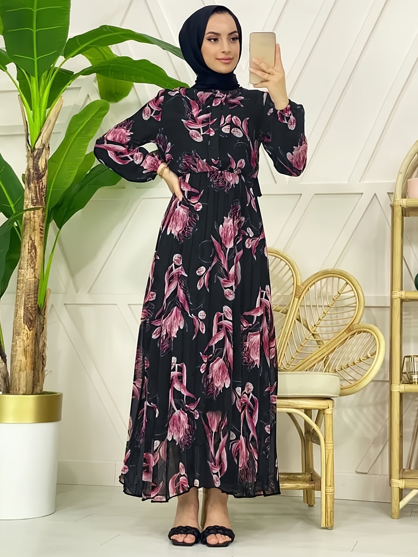 Women's Middle Eastern Muslim Pearl Chiffon Printed Pleated Long Dress Without Headscarf