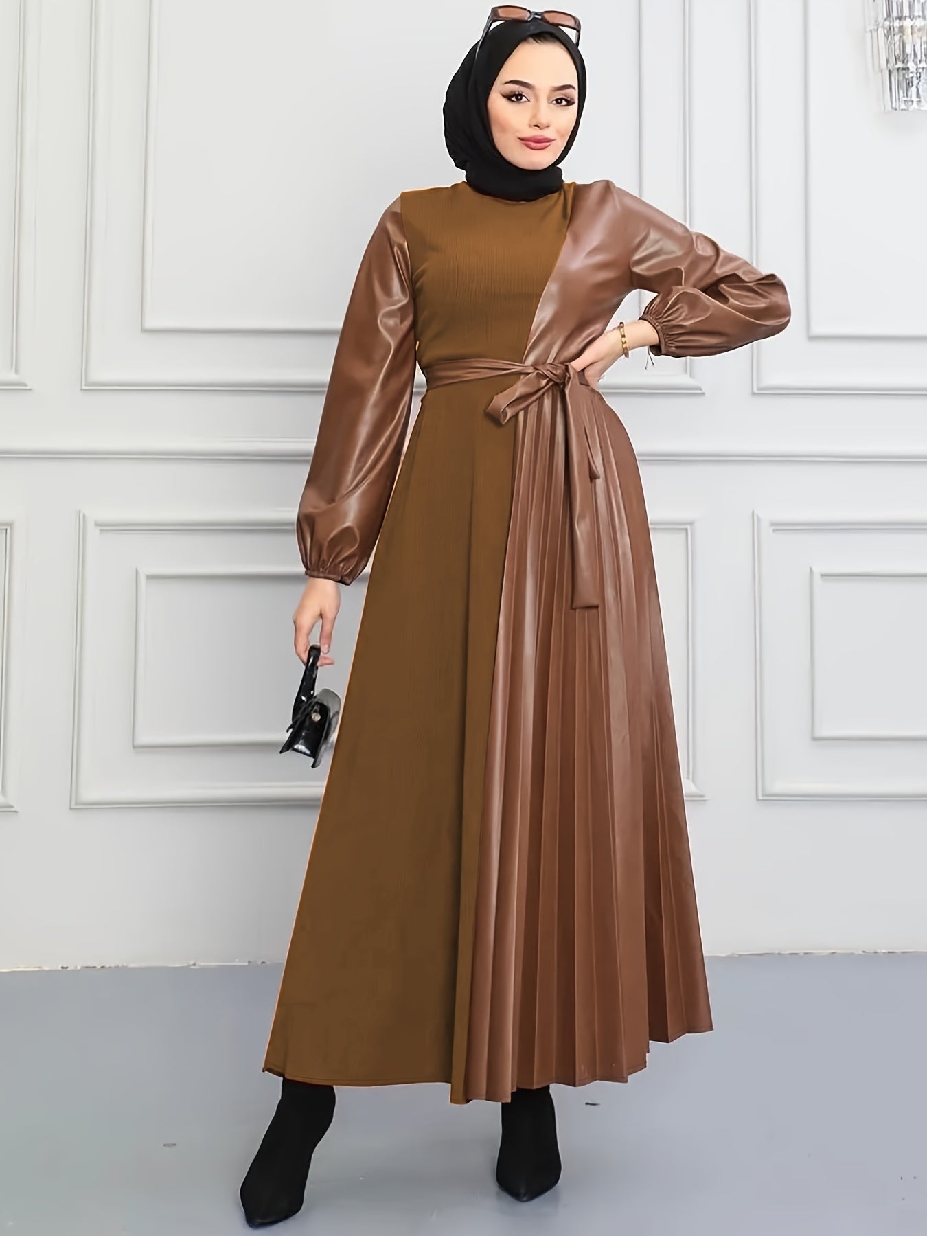Elegant Pleated Long Dress for Women - Solid Color, Belted Waist, Casual Style, Machine Washable - Perfect for All Seasons, Middle Eastern, Muslim, Patchwork