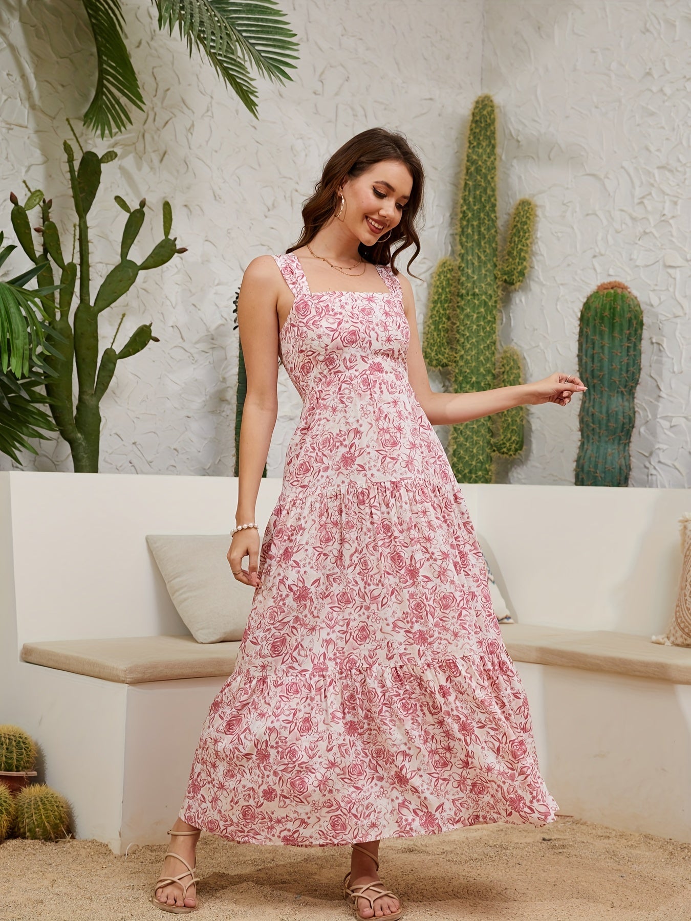Women'S Long Dress with Off-Shoulder Design, Made of Viscose Blend with Floral Print.