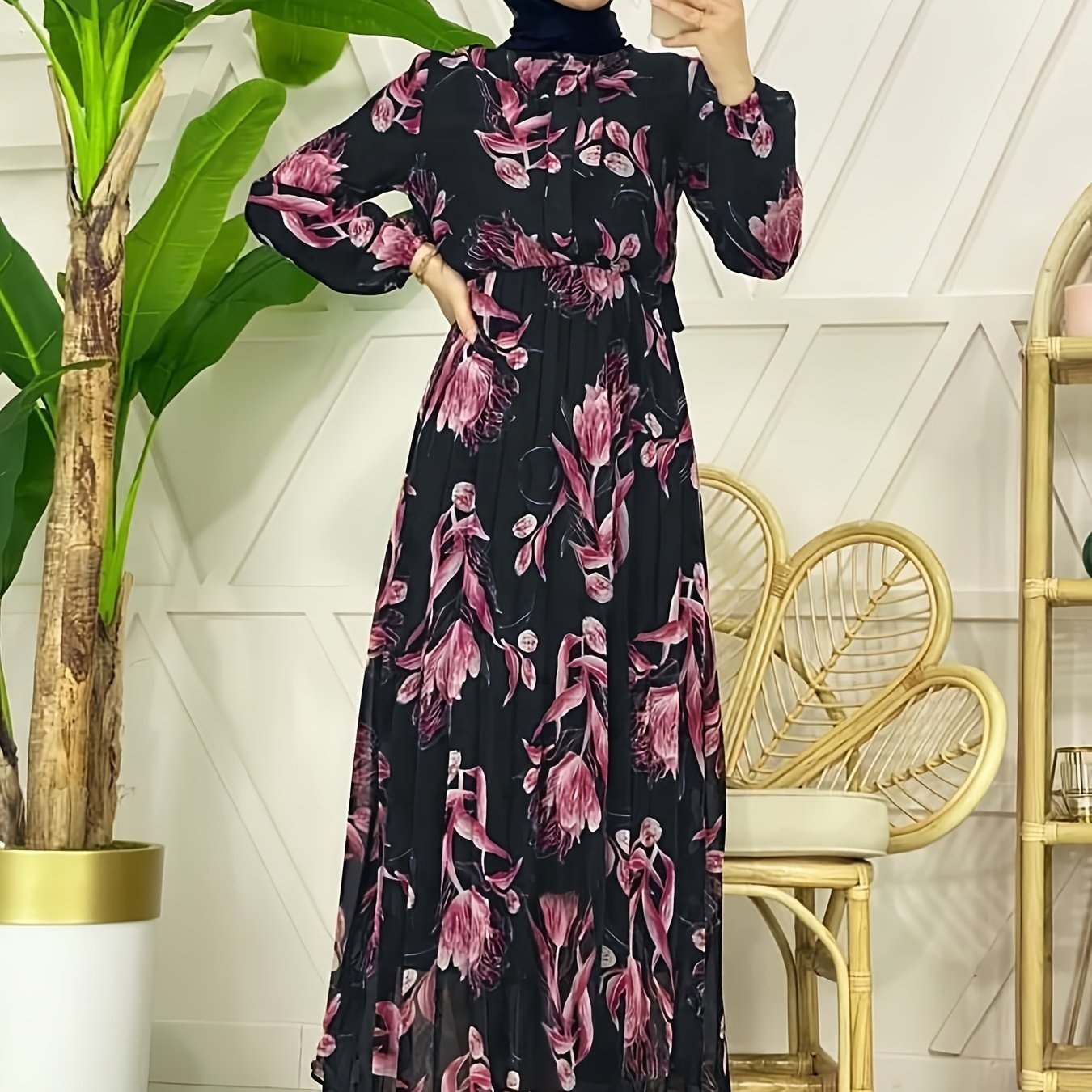 Women's Middle Eastern Muslim Pearl Chiffon Printed Pleated Long Dress Without Headscarf