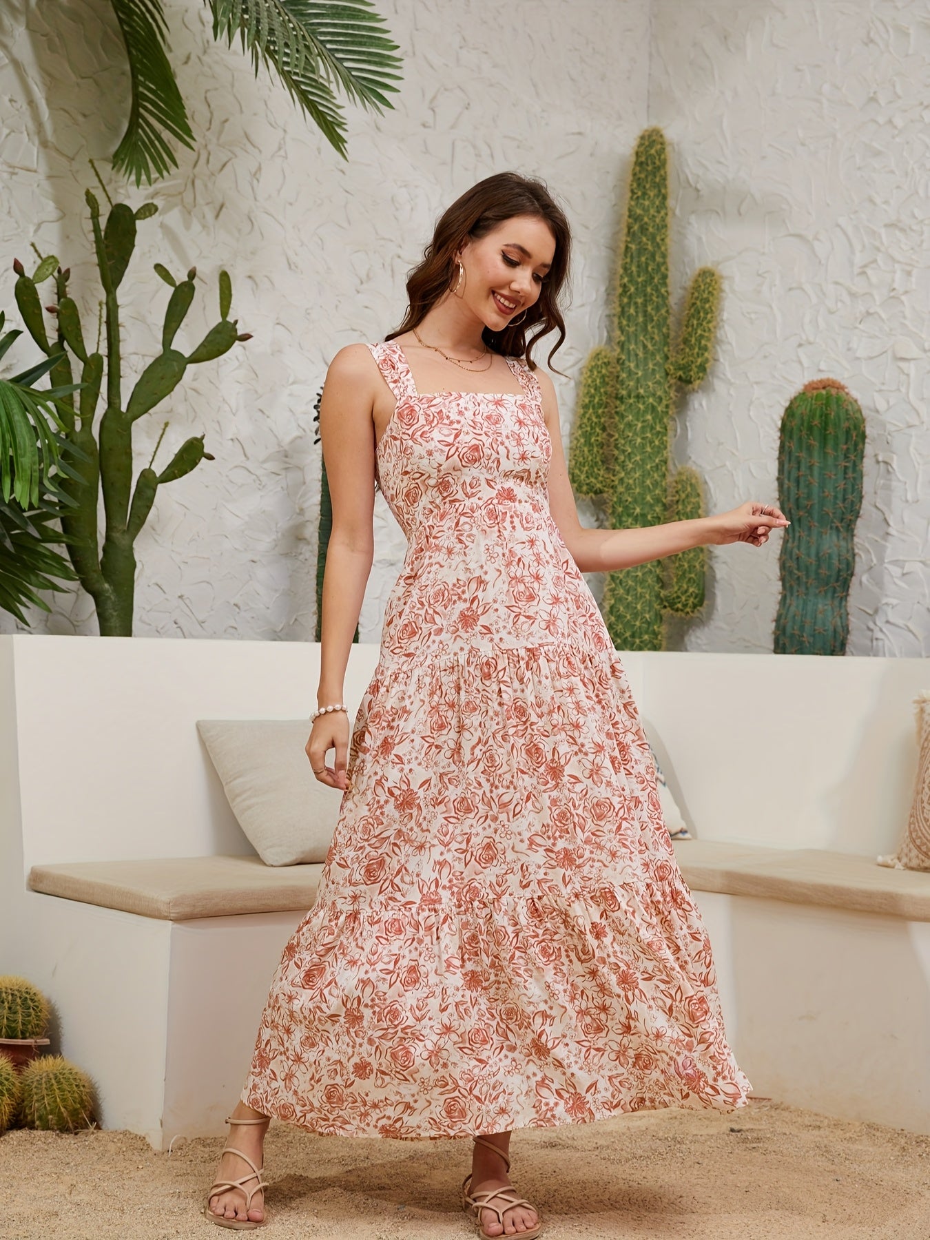 Women'S Long Dress with Off-Shoulder Design, Made of Viscose Blend with Floral Print.