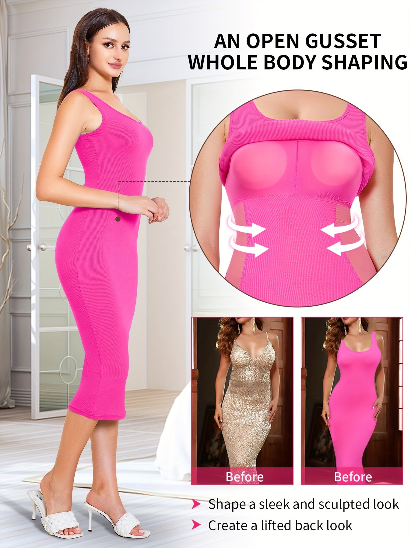 Womens 2-in-1 Shapewear Long Dress - Flattering Fishtail Skirt with Square Neck - Seamless Bodycon Slimming Dress with Discreet Mini Slit and Sculpting Technology