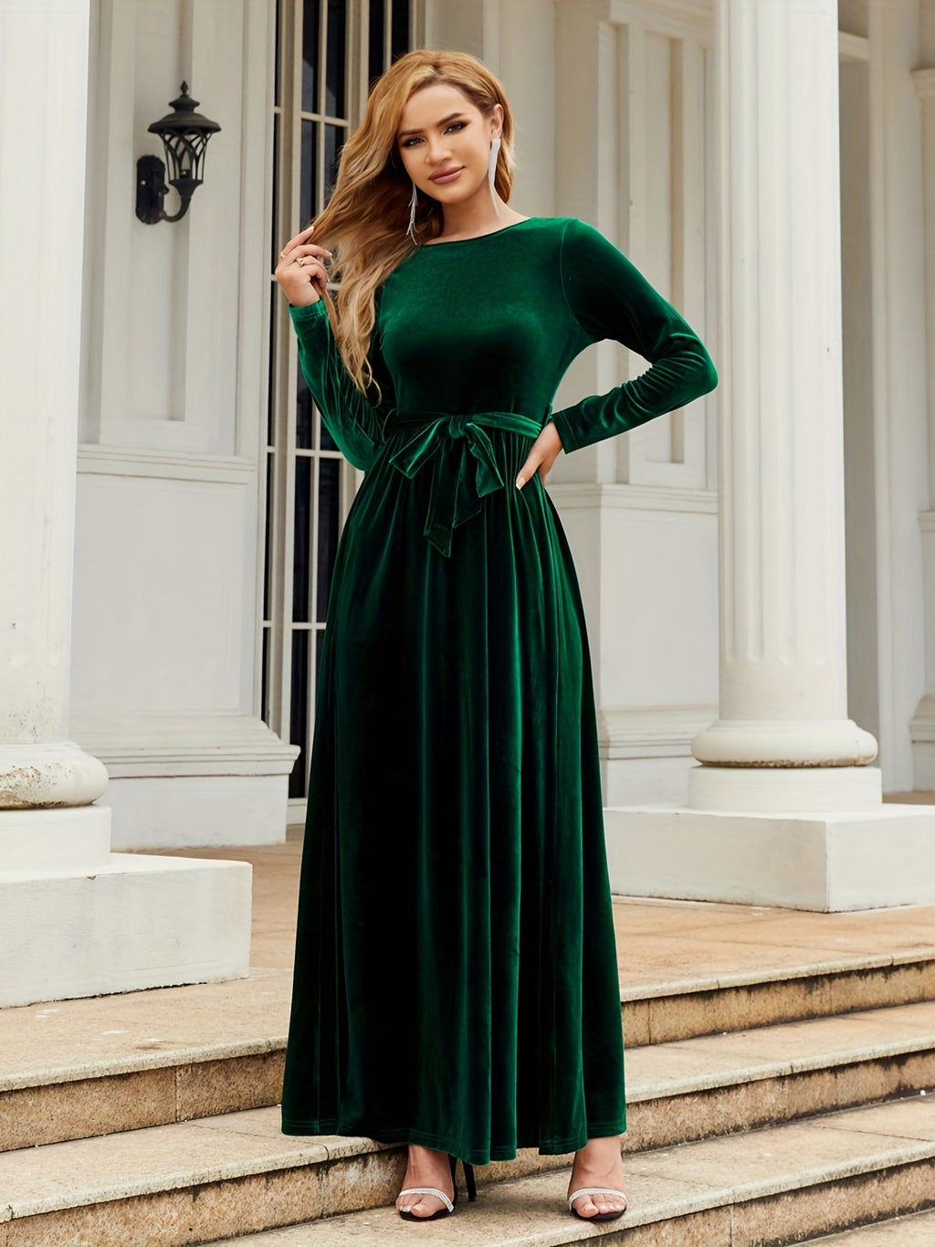 Fall Elegance: Women's Chic Belted Long Dress with Boat Neck and Long Sleeves, Machine Washable, Non-Sheer