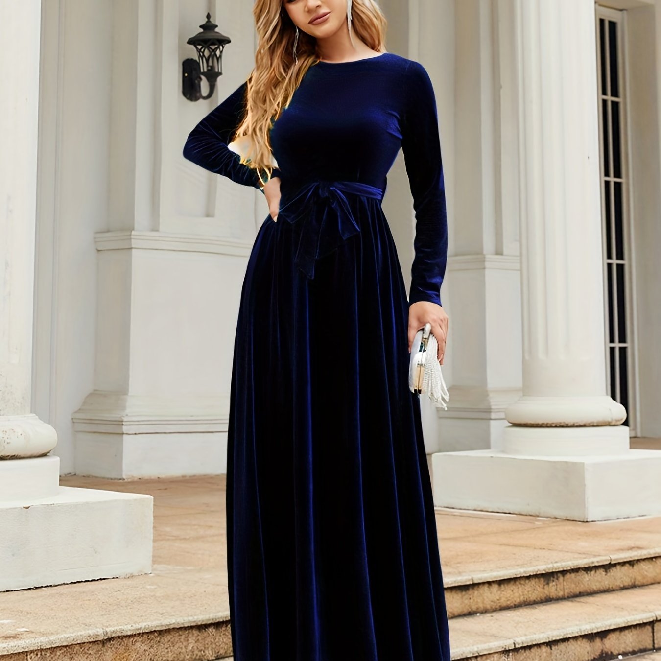 Fall Elegance: Women's Chic Belted Long Dress with Boat Neck and Long Sleeves, Machine Washable, Non-Sheer