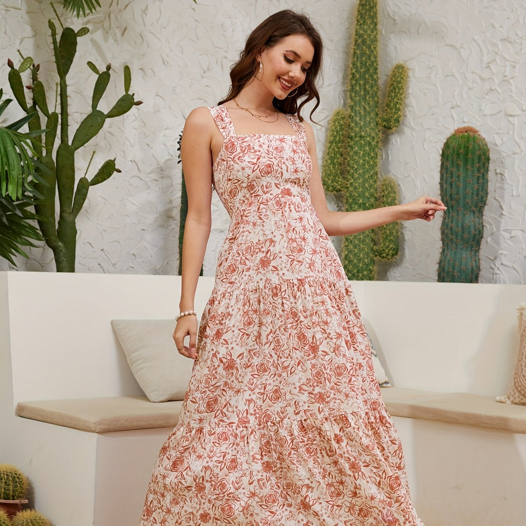 Women'S Long Dress with Off-Shoulder Design, Made of Viscose Blend with Floral Print.