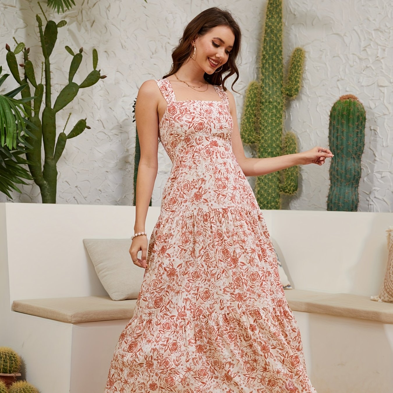 Women'S Long Dress with Off-Shoulder Design, Made of Viscose Blend with Floral Print.