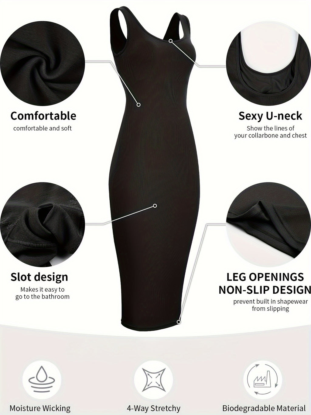 Womens 2-in-1 Shapewear Long Dress - Flattering Fishtail Skirt with Square Neck - Seamless Bodycon Slimming Dress with Discreet Mini Slit and Sculpting Technology