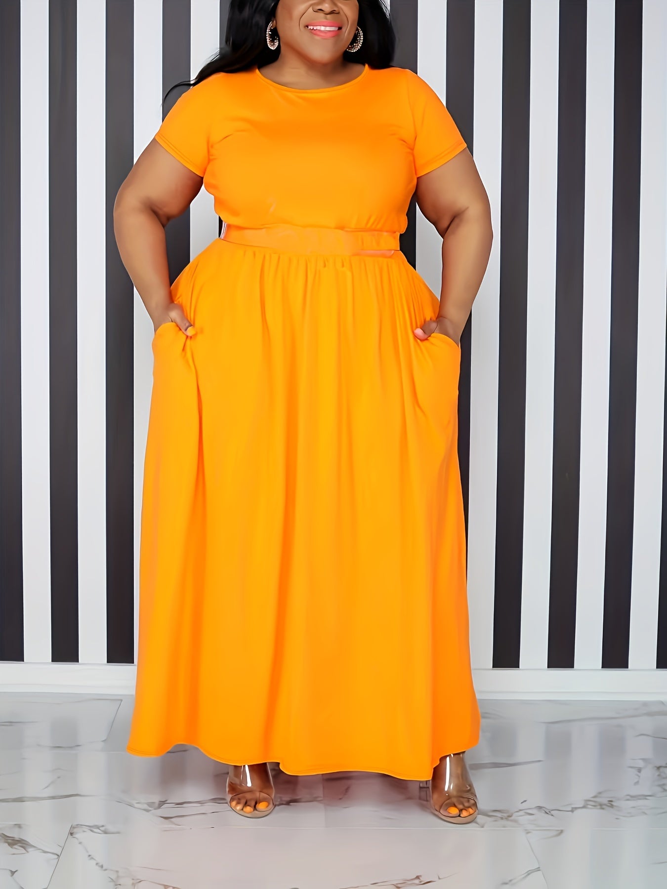 [Elegant Maxi Dress] Elegant Plus Size Solid Maxi Dress, Women's Medium Stretch Long Dress