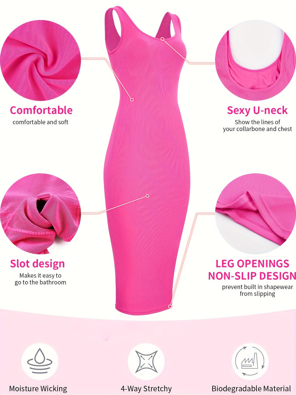 Womens 2-in-1 Shapewear Long Dress - Flattering Fishtail Skirt with Square Neck - Seamless Bodycon Slimming Dress with Discreet Mini Slit and Sculpting Technology