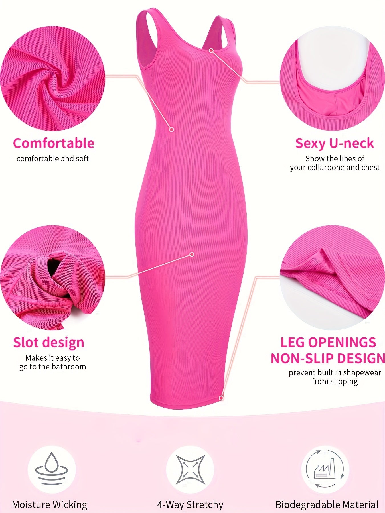 Womens 2-in-1 Shapewear Long Dress - Flattering Fishtail Skirt with Square Neck - Seamless Bodycon Slimming Dress with Discreet Mini Slit and Sculpting Technology