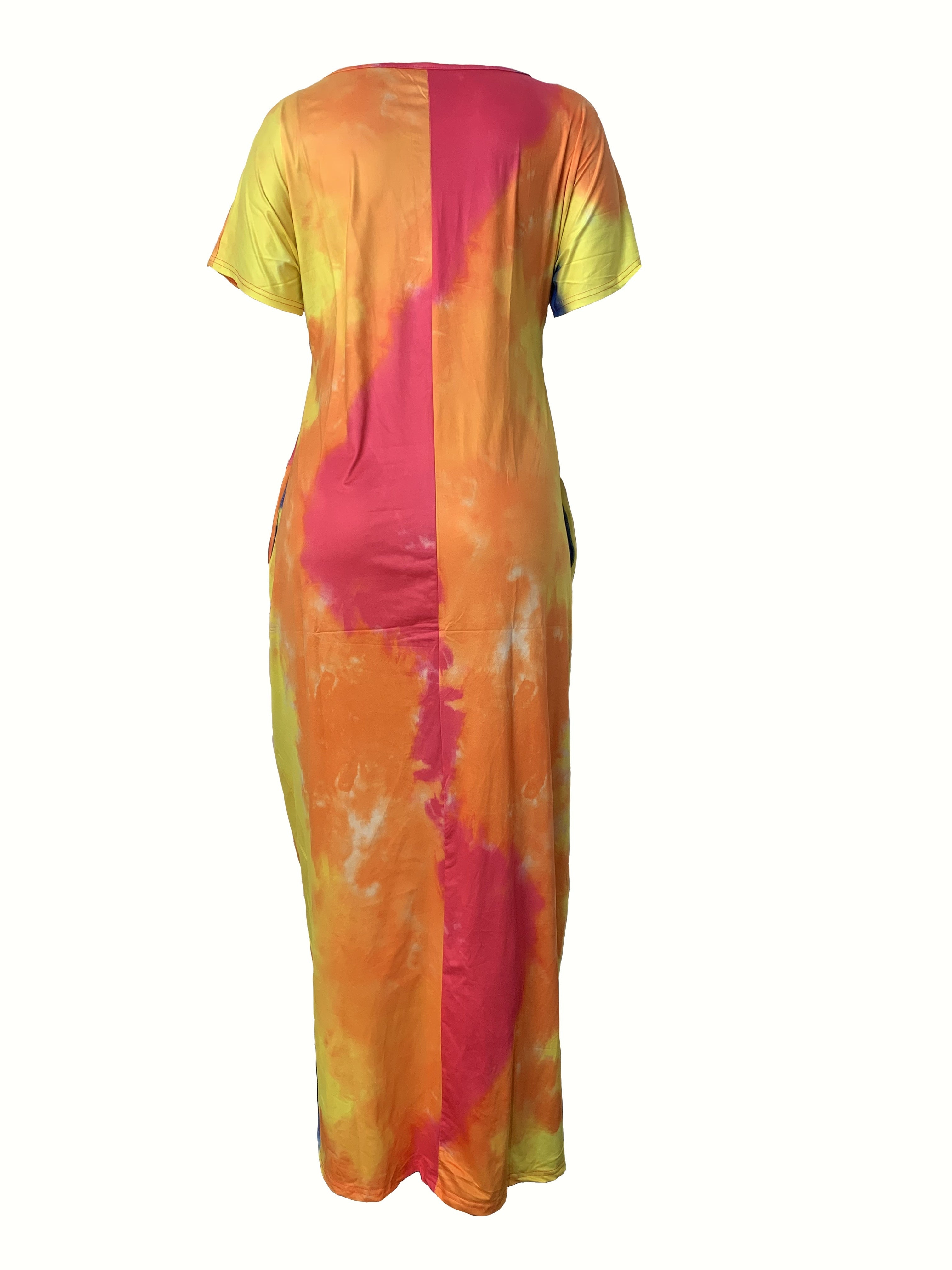 [Tie Dye Maxi Dress] Elegant Plus Size Maxi Dress | Women's Tie Dye Print Short Sleeve with Pocket, Medium Stretch Long Dress