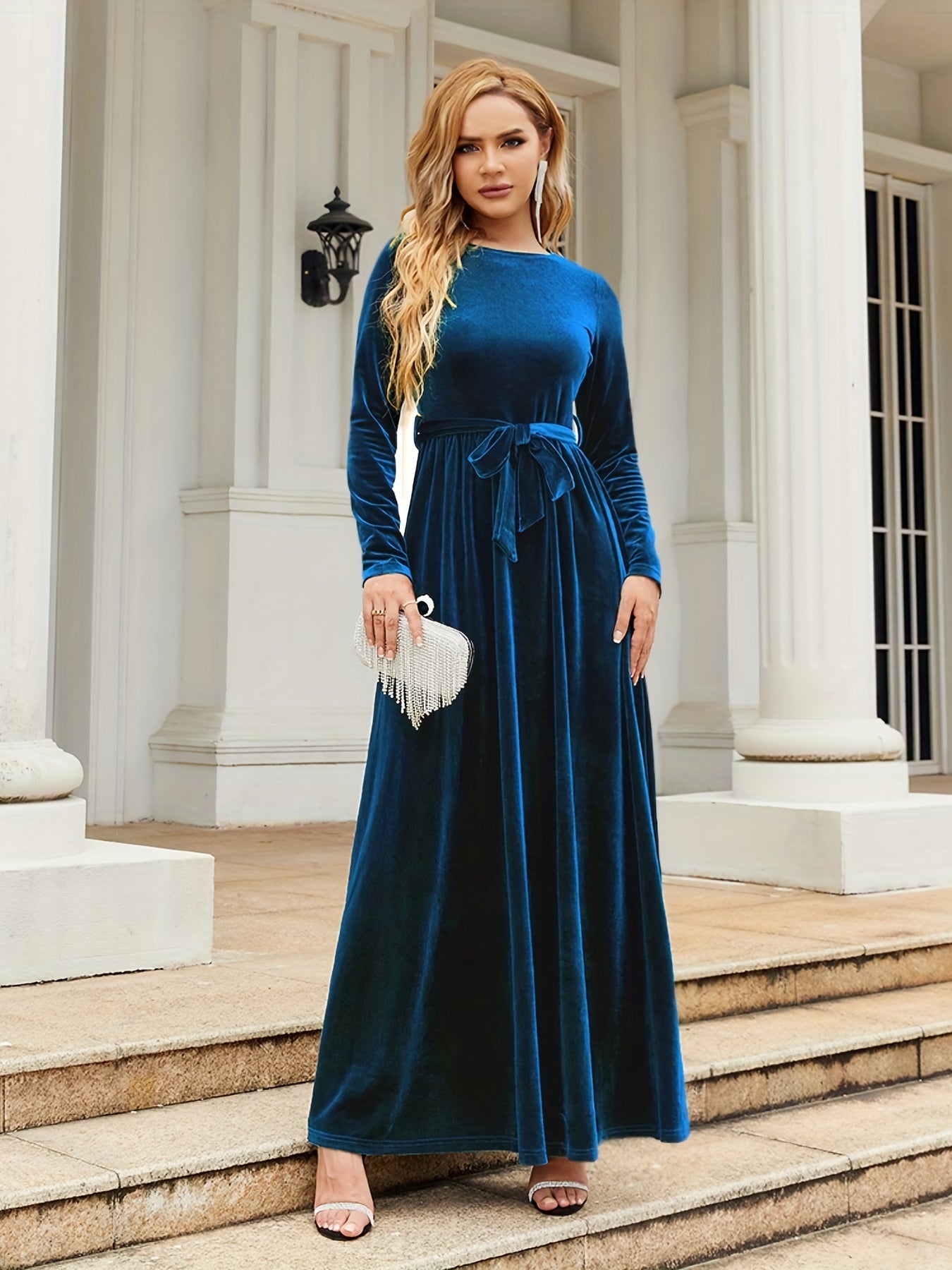 Fall Elegance: Women's Chic Belted Long Dress with Boat Neck and Long Sleeves, Machine Washable, Non-Sheer