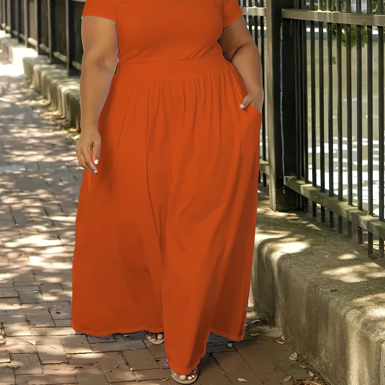 [Elegant Maxi Dress] Elegant Plus Size Solid Maxi Dress, Women's Medium Stretch Long Dress