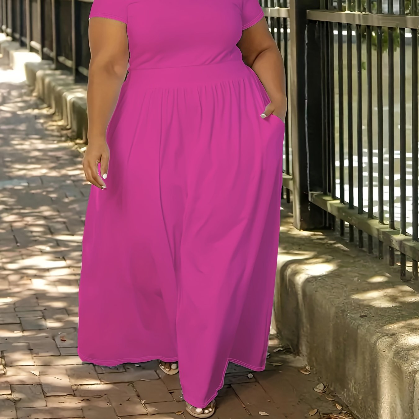 [Elegant Maxi Dress] Elegant Plus Size Solid Maxi Dress, Women's Medium Stretch Long Dress