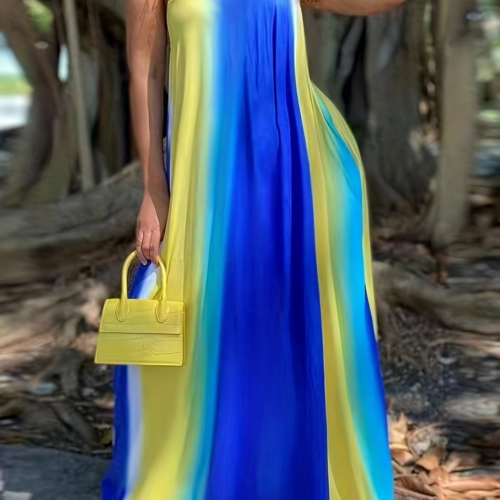 [Plus Size Maxi Dress] Elegant Plus Size Tie Dye V Neck Loose Cami Maxi Dress, Women's Slight Stretch Long Dress