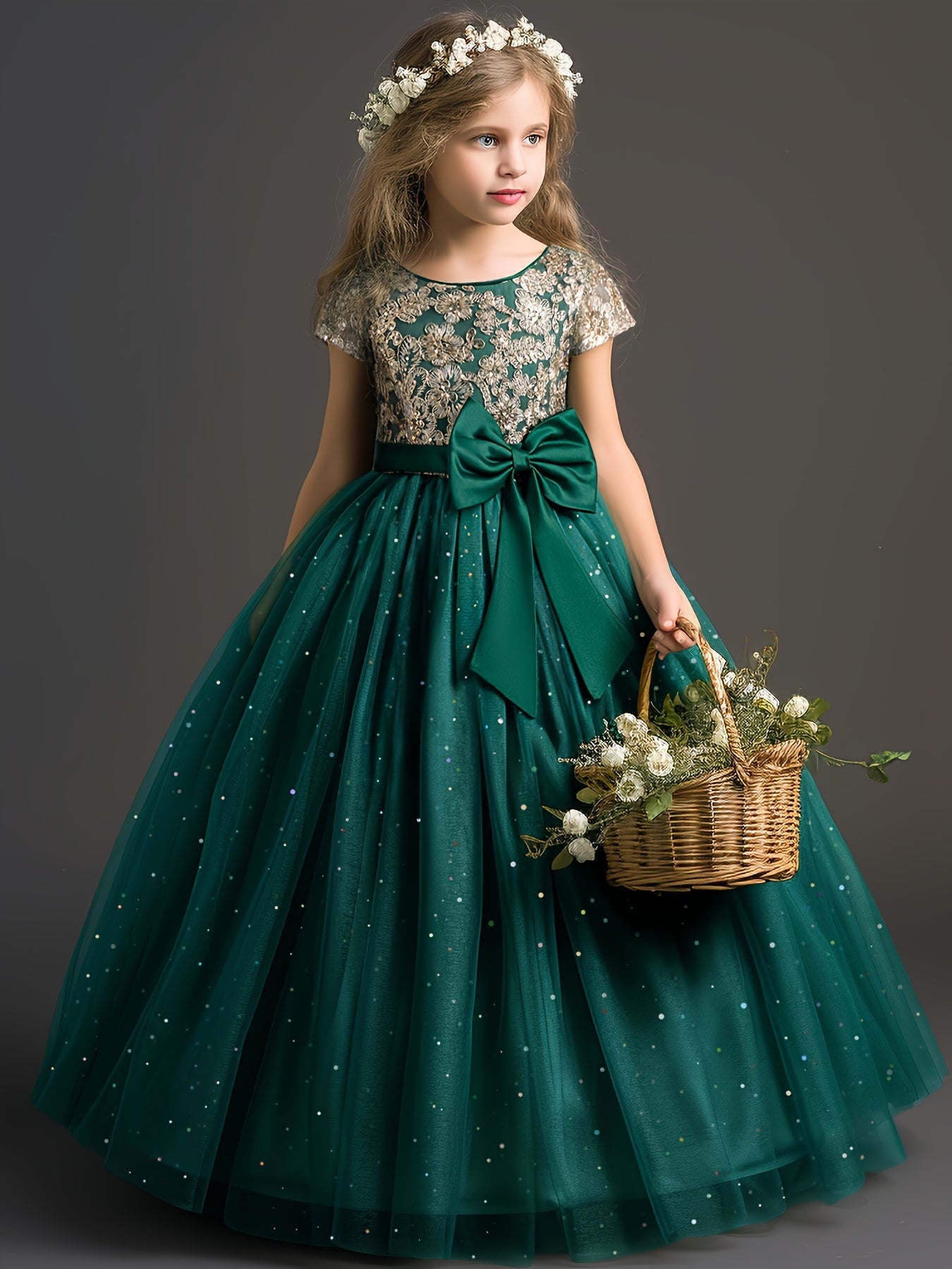 Girls Lace Embroidered Gown, Vintage Kids Tulle Puffy Dress, Wedding Bridesmaid Flower Girl Princess Long Dress, Pageant Formal Ball Gown