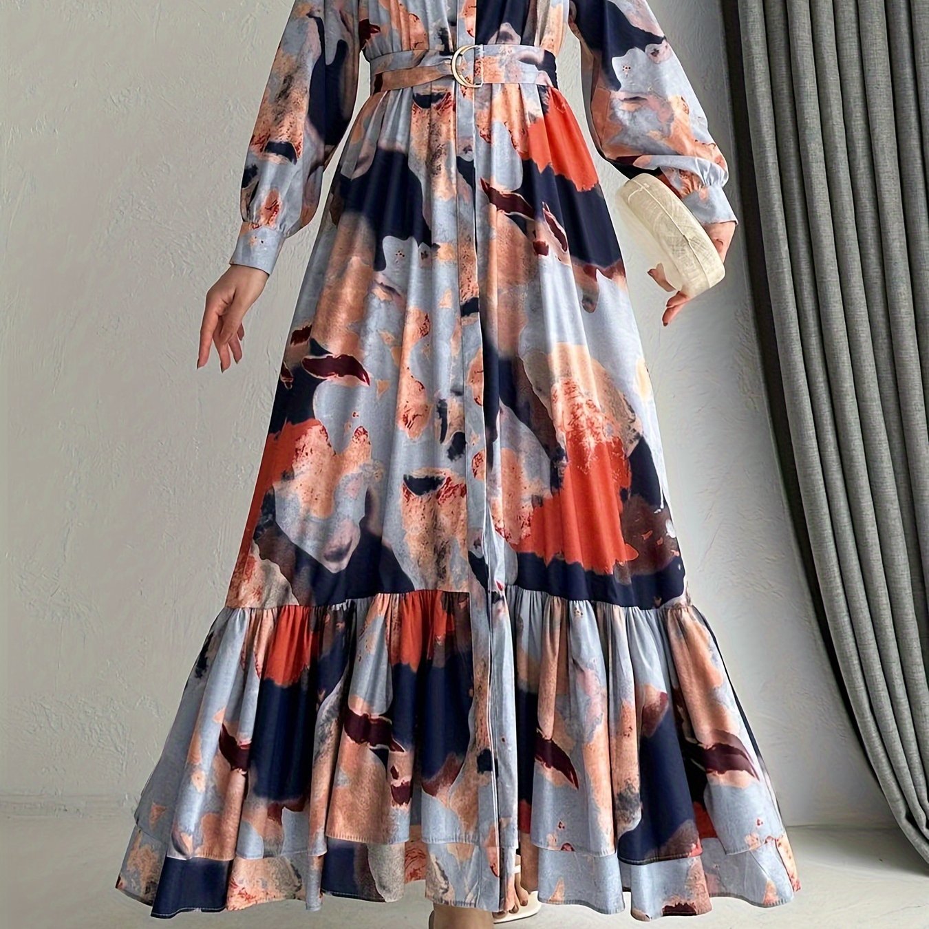 [Muslim Printed Long Dress] Temperament Printed Long Dress - Women's Middle Eastern Muslim Style