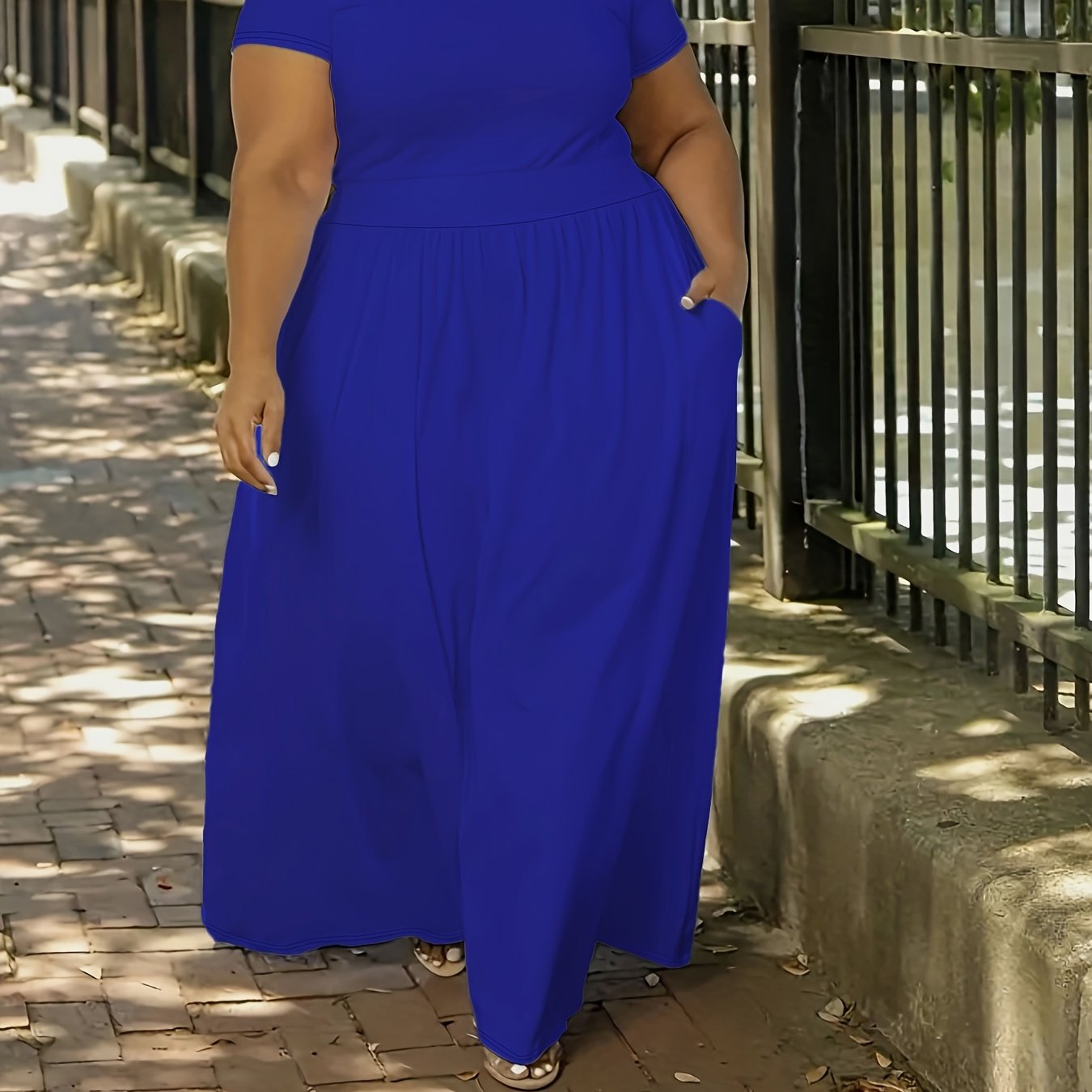 [Elegant Maxi Dress] Elegant Plus Size Solid Maxi Dress, Women's Medium Stretch Long Dress
