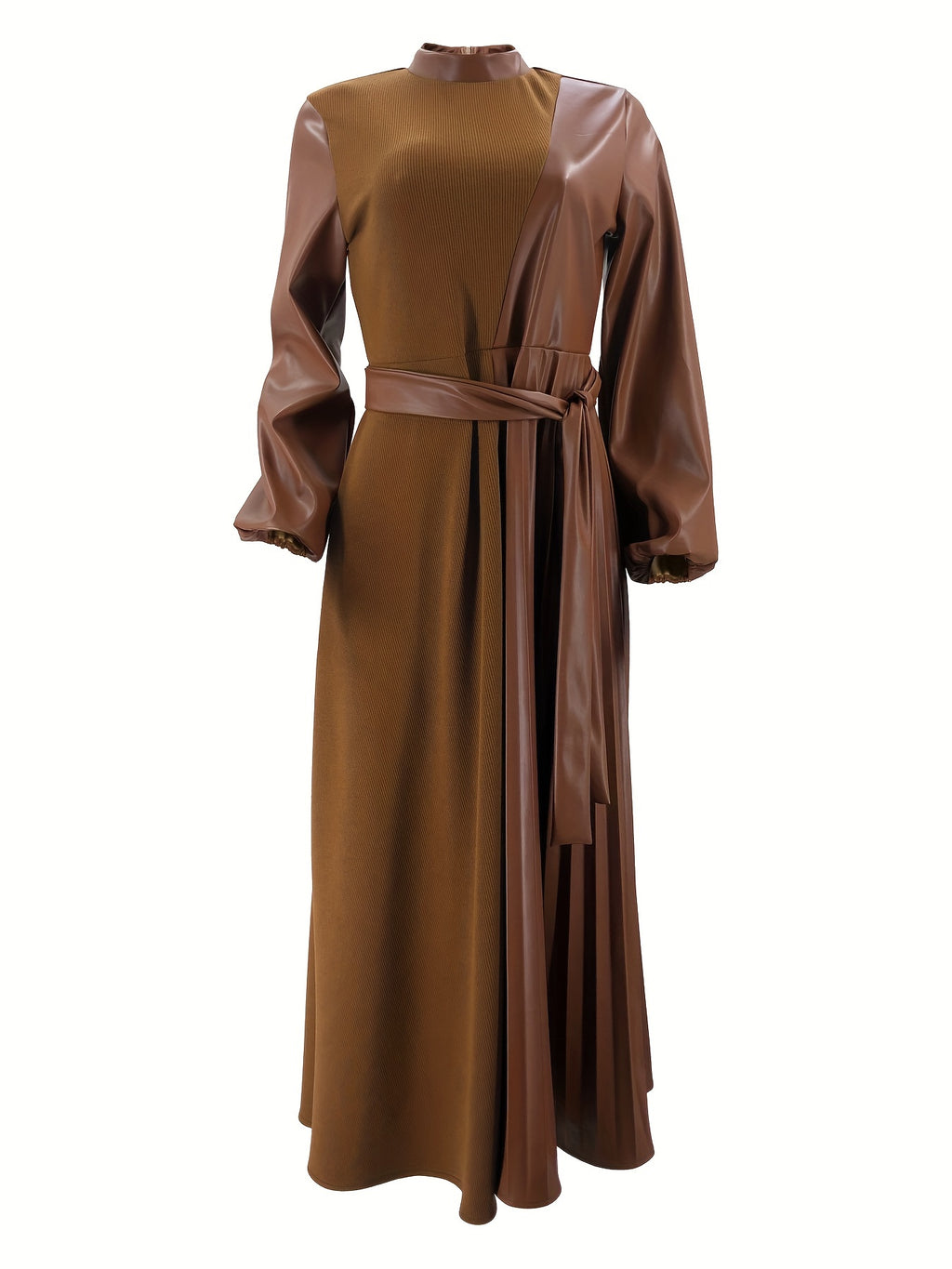 Elegant Pleated Long Dress for Women - Solid Color, Belted Waist, Casual Style, Machine Washable - Perfect for All Seasons, Middle Eastern, Muslim, Patchwork