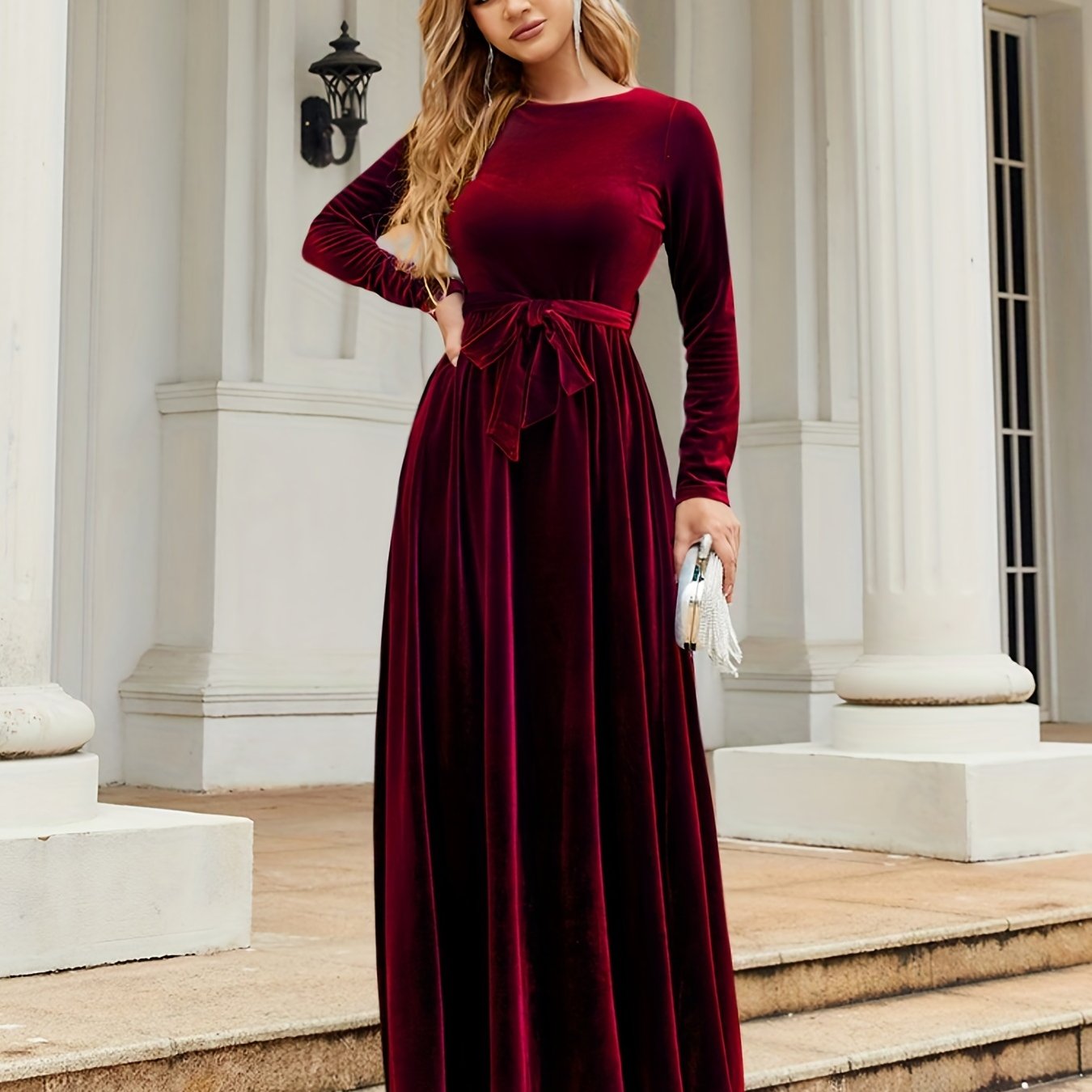 Fall Elegance: Women's Chic Belted Long Dress with Boat Neck and Long Sleeves, Machine Washable, Non-Sheer