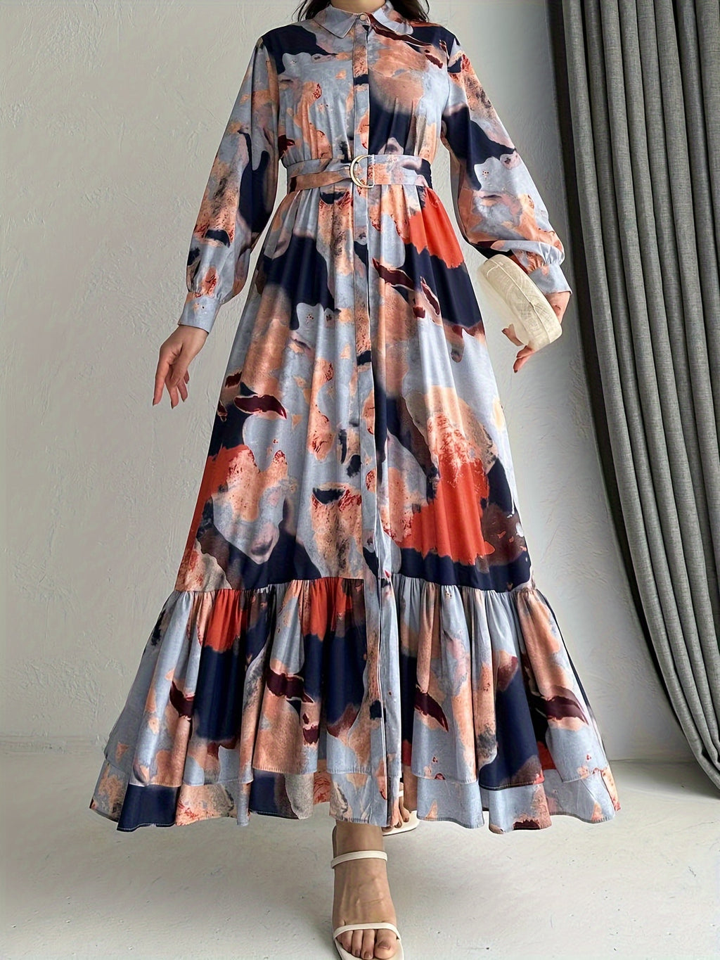 [Muslim Printed Long Dress] Temperament Printed Long Dress - Women's Middle Eastern Muslim Style