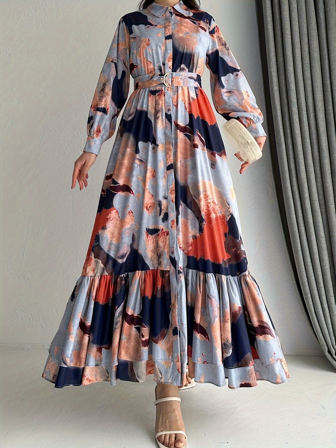 [Muslim Printed Long Dress] Temperament Printed Long Dress - Women's Middle Eastern Muslim Style