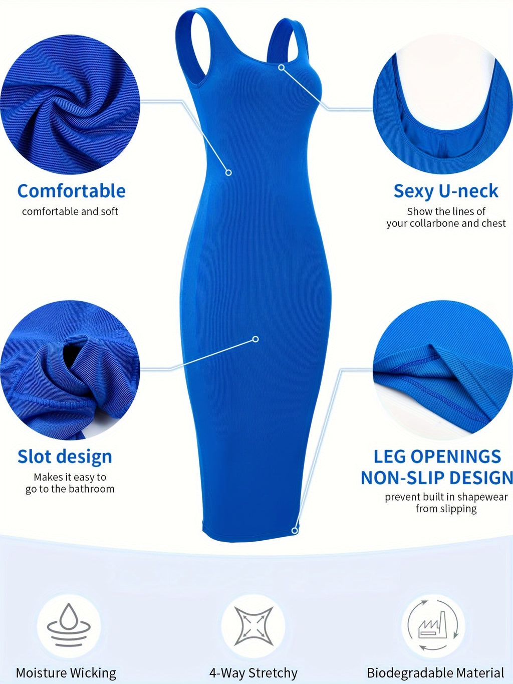 Womens 2-in-1 Shapewear Long Dress - Flattering Fishtail Skirt with Square Neck - Seamless Bodycon Slimming Dress with Discreet Mini Slit and Sculpting Technology