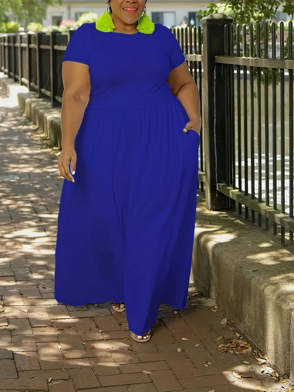 [Elegant Maxi Dress] Elegant Plus Size Solid Maxi Dress, Women's Medium Stretch Long Dress