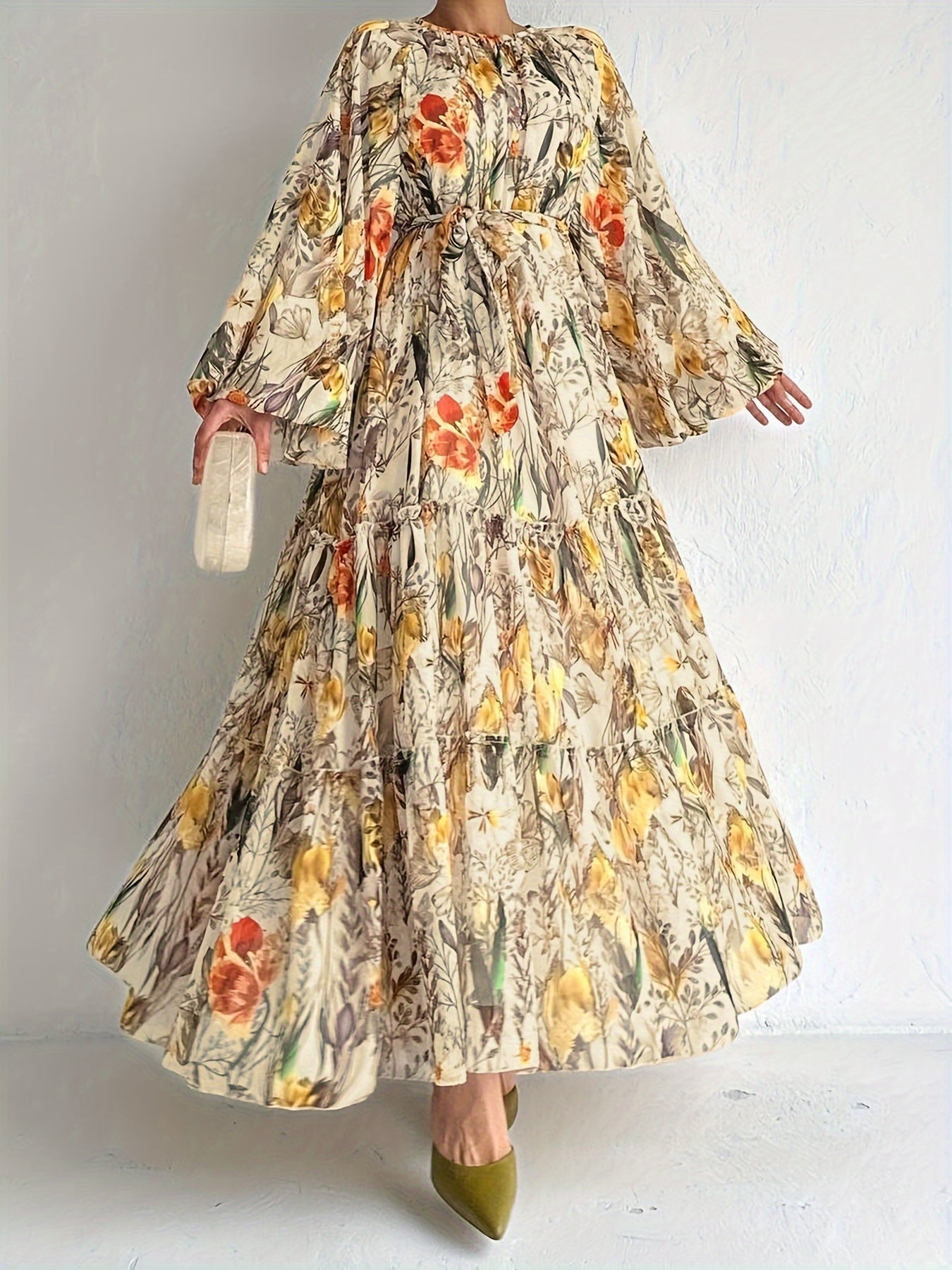 [Popular Choice] Floral Print Long Dress in Polyester with Spandex, Casual Style, Machine Washable - All Seasons