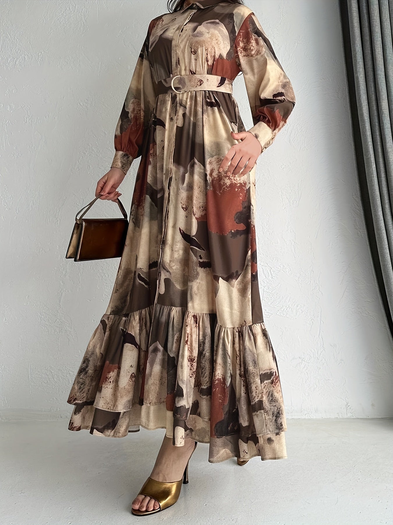 [Muslim Printed Long Dress] Temperament Printed Long Dress - Women's Middle Eastern Muslim Style