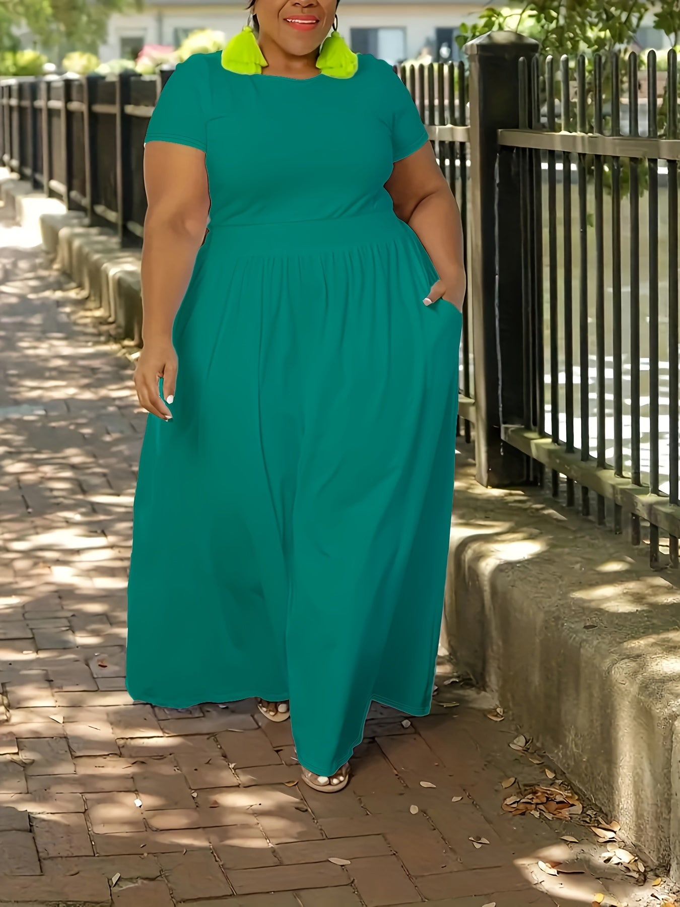 [Elegant Maxi Dress] Elegant Plus Size Solid Maxi Dress, Women's Medium Stretch Long Dress
