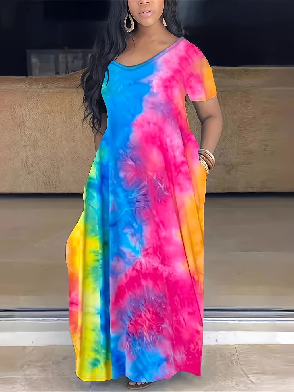 [Tie Dye Maxi Dress] Elegant Plus Size Maxi Dress | Women's Tie Dye Print Short Sleeve with Pocket, Medium Stretch Long Dress