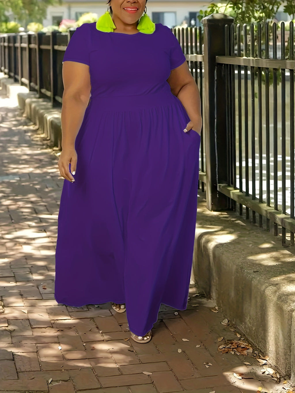 [Elegant Maxi Dress] Elegant Plus Size Solid Maxi Dress, Women's Medium Stretch Long Dress