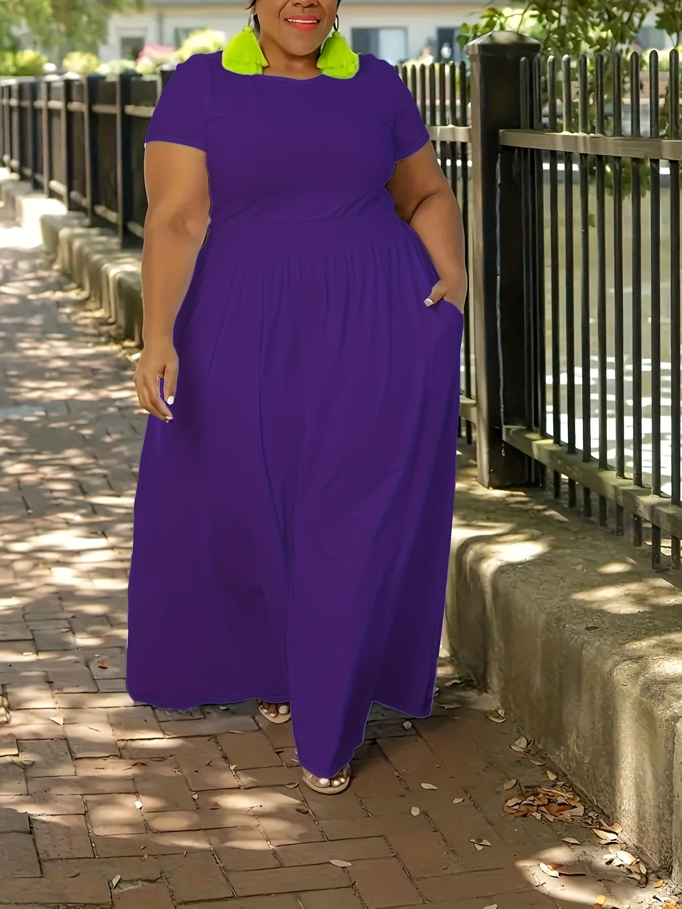 [Elegant Maxi Dress] Elegant Plus Size Solid Maxi Dress, Women's Medium Stretch Long Dress