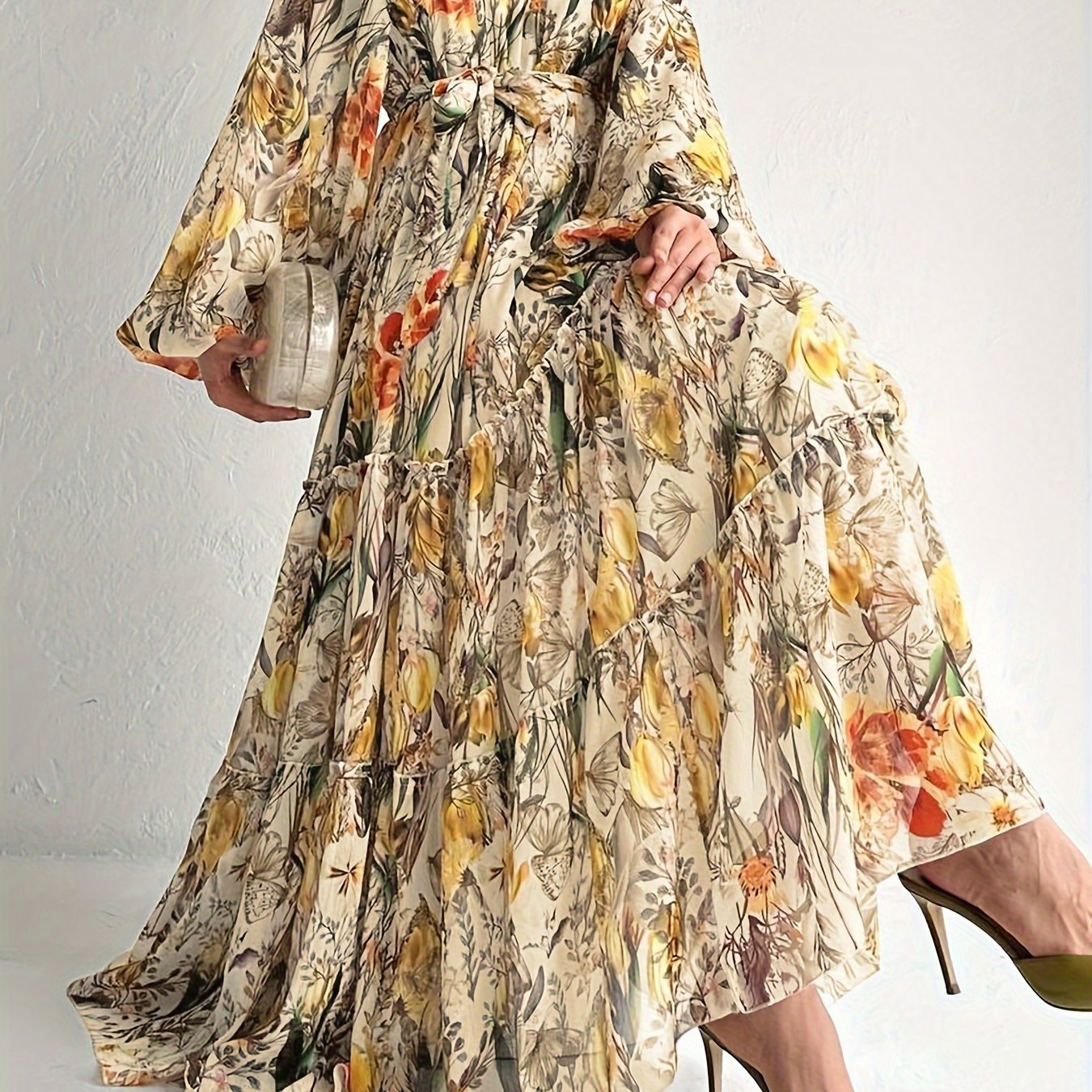 [Popular Choice] Floral Print Long Dress in Polyester with Spandex, Casual Style, Machine Washable - All Seasons
