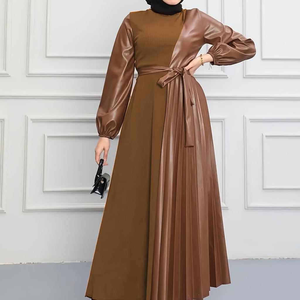 Elegant Pleated Long Dress for Women - Solid Color, Belted Waist, Casual Style, Machine Washable - Perfect for All Seasons, Middle Eastern, Muslim, Patchwork