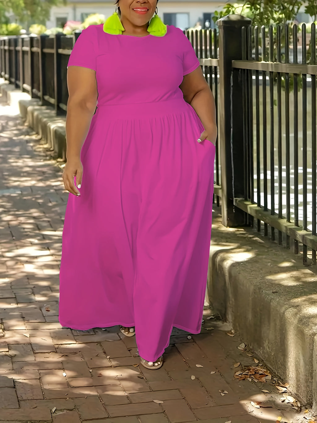 [Elegant Maxi Dress] Elegant Plus Size Solid Maxi Dress, Women's Medium Stretch Long Dress