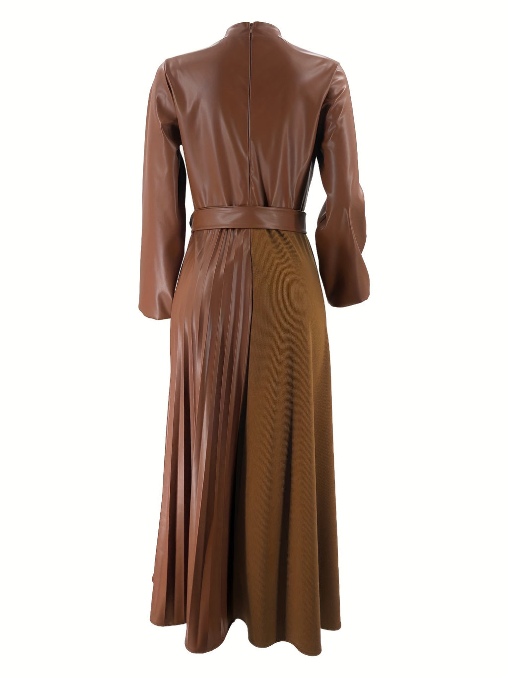 Elegant Pleated Long Dress for Women - Solid Color, Belted Waist, Casual Style, Machine Washable - Perfect for All Seasons, Middle Eastern, Muslim, Patchwork