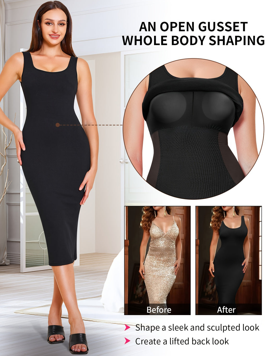 Womens 2-in-1 Shapewear Long Dress - Flattering Fishtail Skirt with Square Neck - Seamless Bodycon Slimming Dress with Discreet Mini Slit and Sculpting Technology