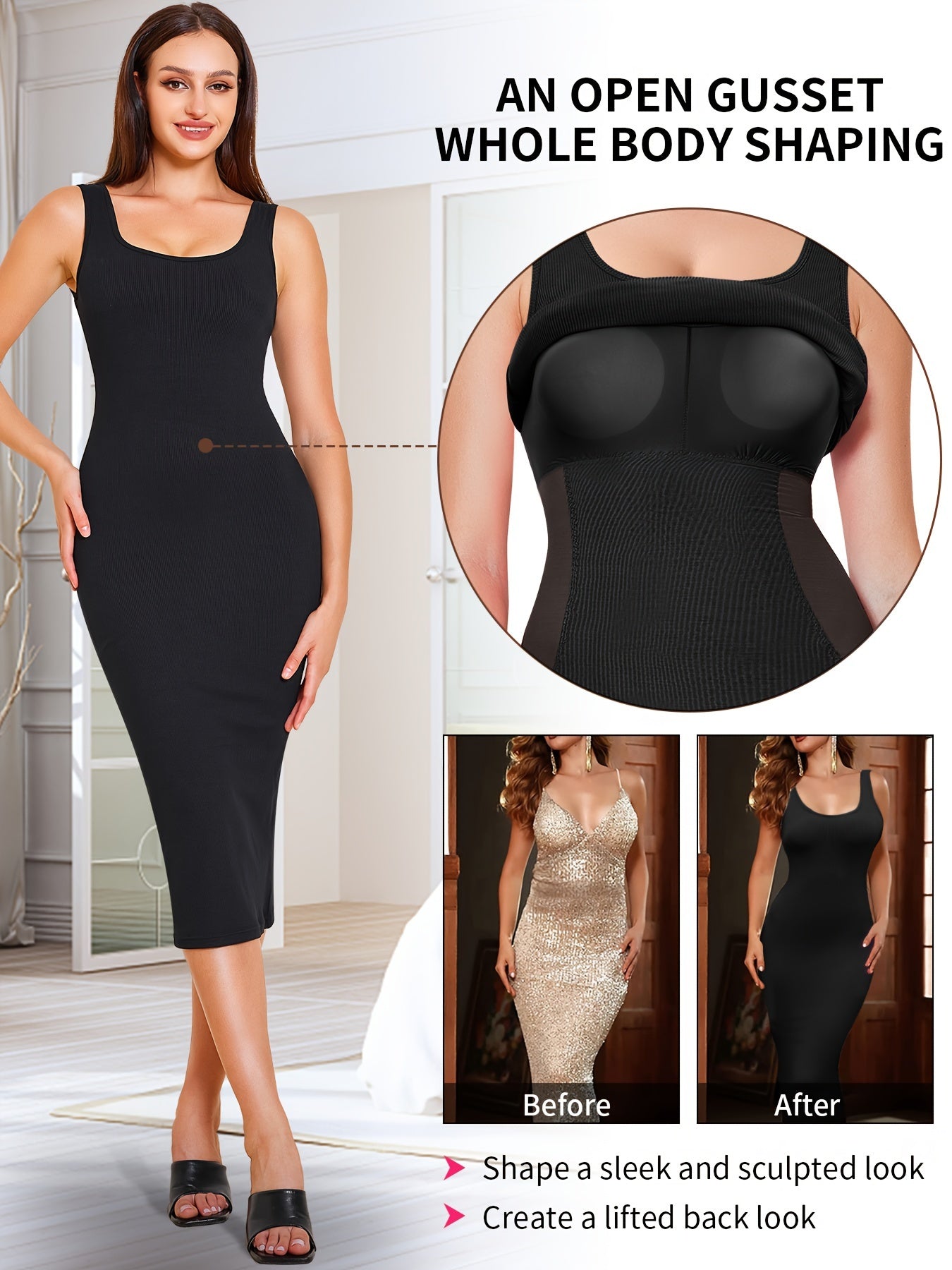 Womens 2-in-1 Shapewear Long Dress - Flattering Fishtail Skirt with Square Neck - Seamless Bodycon Slimming Dress with Discreet Mini Slit and Sculpting Technology